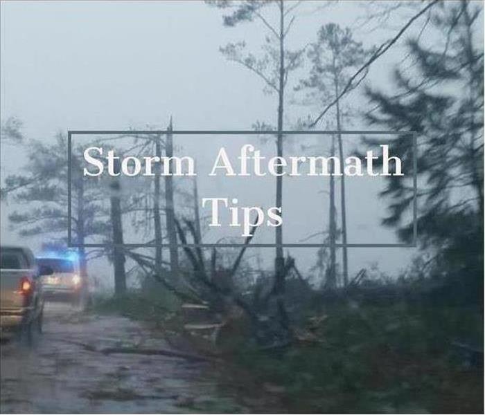 Outside image of a storm with the text "Storm Aftermath Tips"